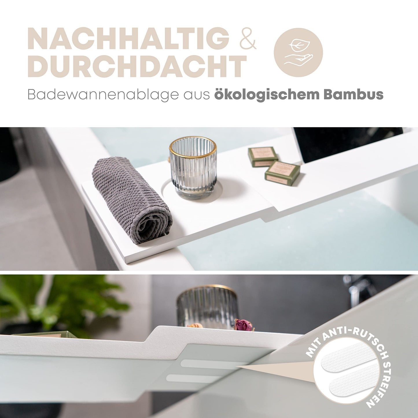 Pampeliška Premium bathtub tray in white with bamboo towel holder. Includes e-book/smartphone/tablet holder, wine glass holder, and candle holder. A luxurious addition to your bath time.
