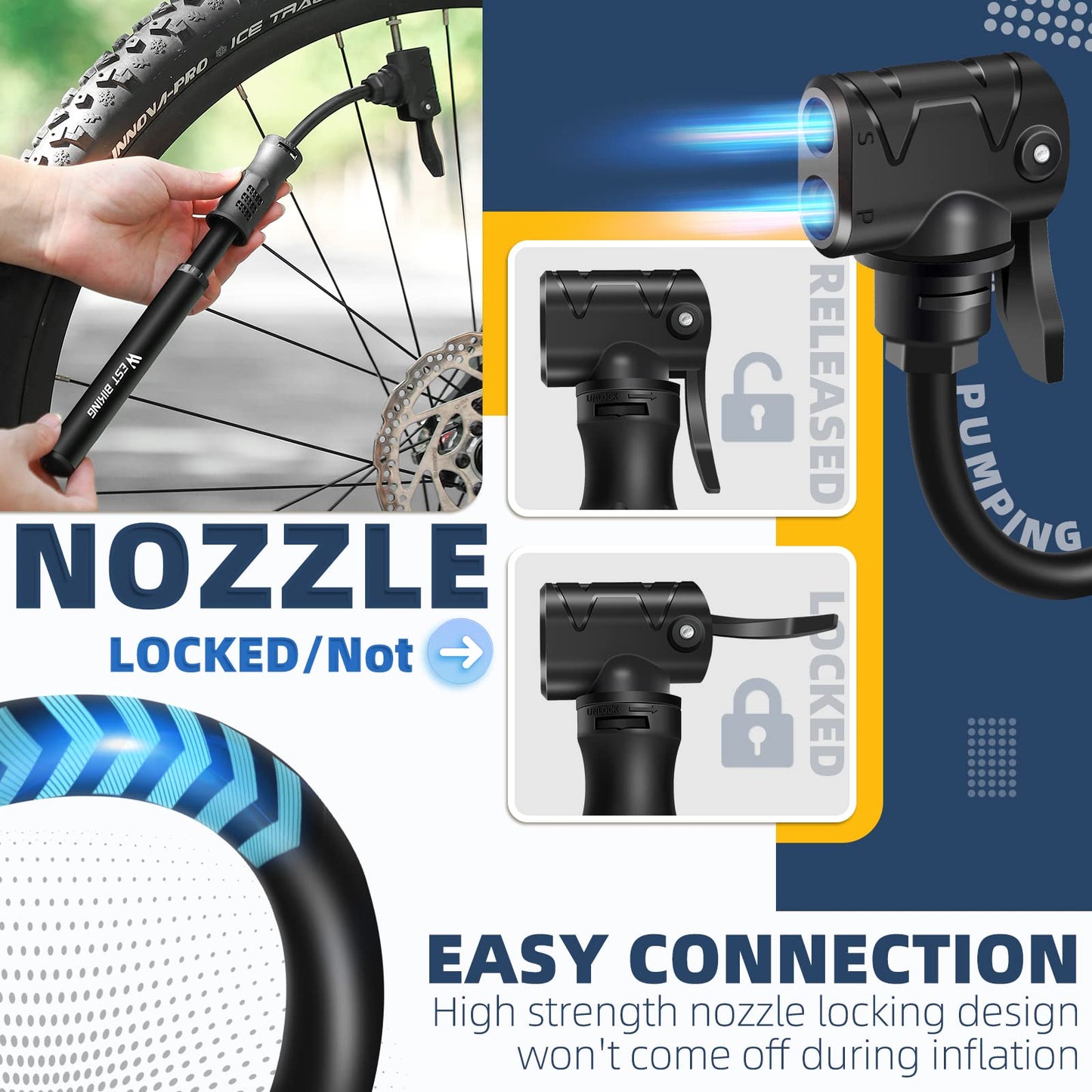 West Biking Mini Bike Pump - Aluminum Bicycle Air Pump for all valves, portable small bike pump, quick tire inflation. Lightweight mini bike pump for MTB road bike ball pump.