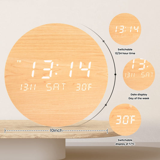 TOSTOG Wall Clock Without Ticking Noise Digital Modern Wall Clocks, 10 Inch Wood Kitchen Clock with Display of Time, Date, Temperature, 12/24-Hour Time Mode for Wall Bedroom Kitchen Office Living Room Decor...