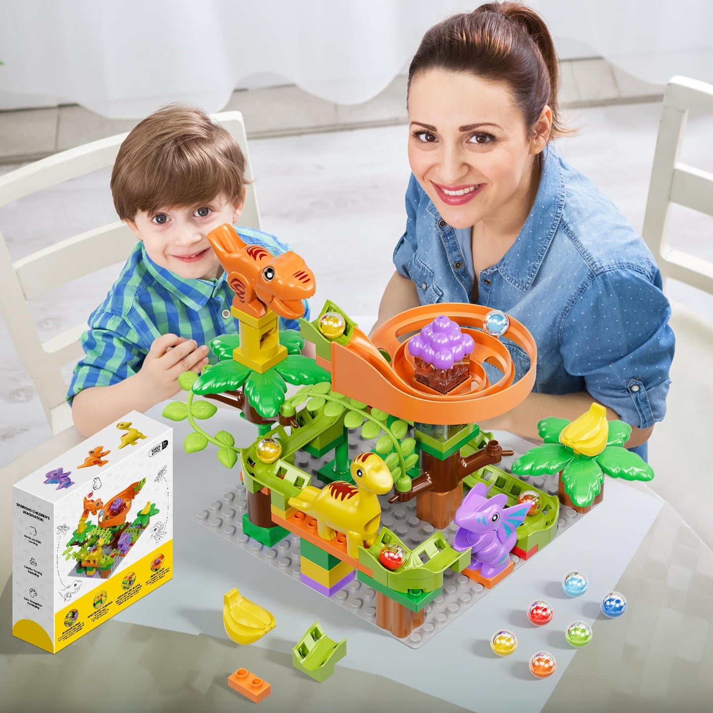 Marble run building blocks dinosaur toys, kids STEM toy dino ball track set for ages 3 4 5 6 boys girls, 67 pcs large blocks ball race learning toy for boys girls 3-7 years