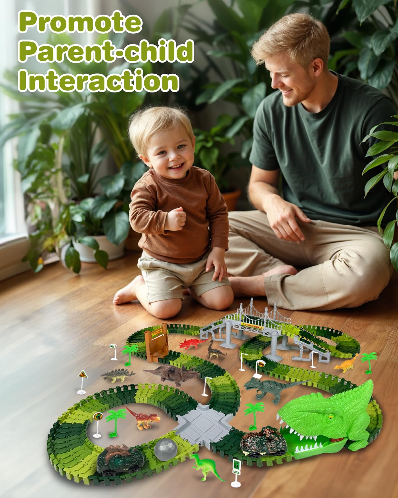 Gleamkid Dinosaur Toys Car Racing Track, Flexible Car Racing Track Railway Playset, Dino Cars Toy, Racing Track Set with many parts, Gift for Kids