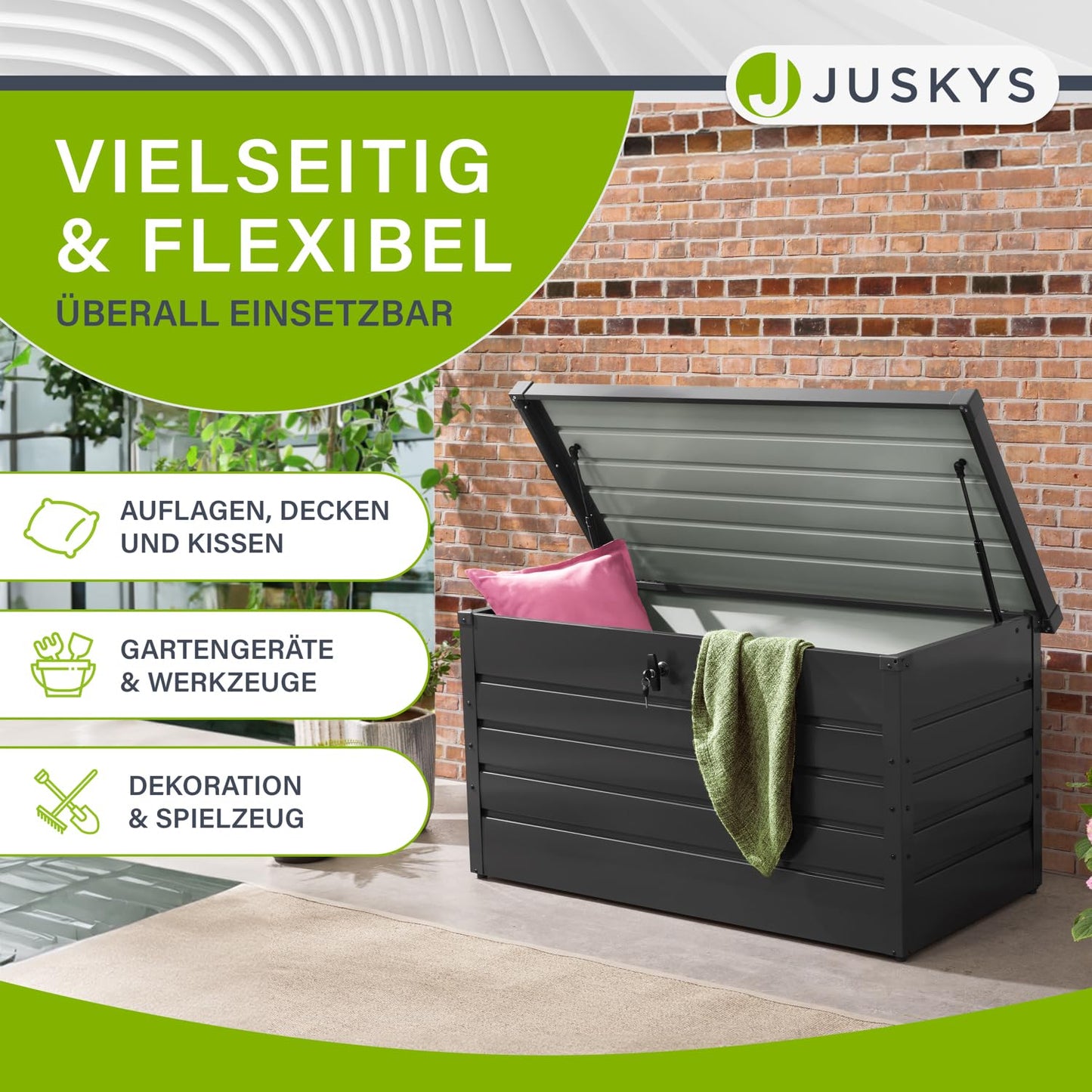 Juskys Metal Storage Box Limani 380 liters - Outdoor Box - waterproof, lockable - Garden Box, Cushion Box, Pillow Box for Garden Anthracite