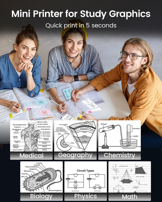 Mini printer for smartphone - sticker printer T02 Portable mini printer Inkless print pods Bluetooth pocket printer Phone printer for study graphics, anatomical diagrams, photos, journal