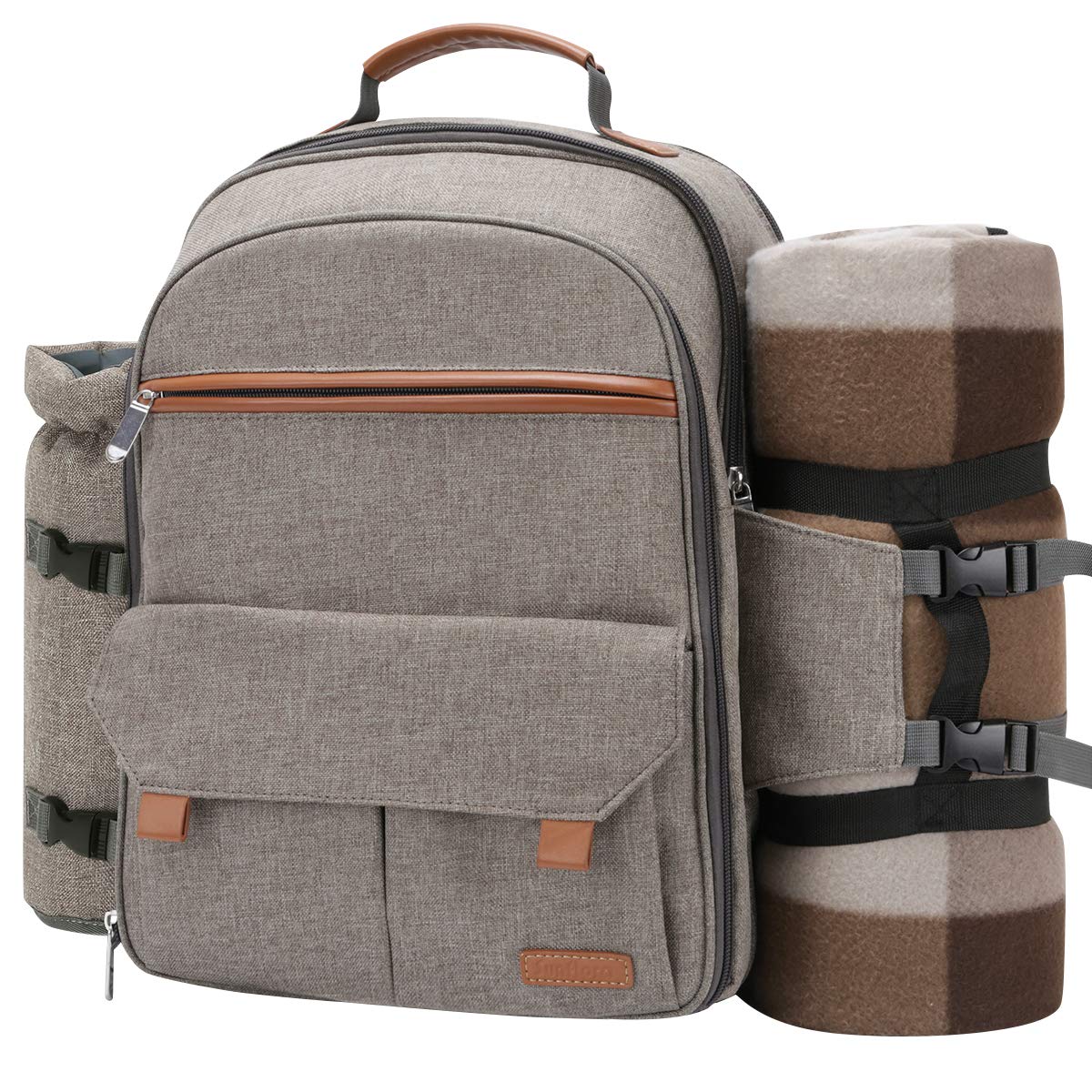 Sunflora picnic backpack set for 4 persons with insulated cooler and blanket, picnic basket for 4 persons for camping outdoor (beige)