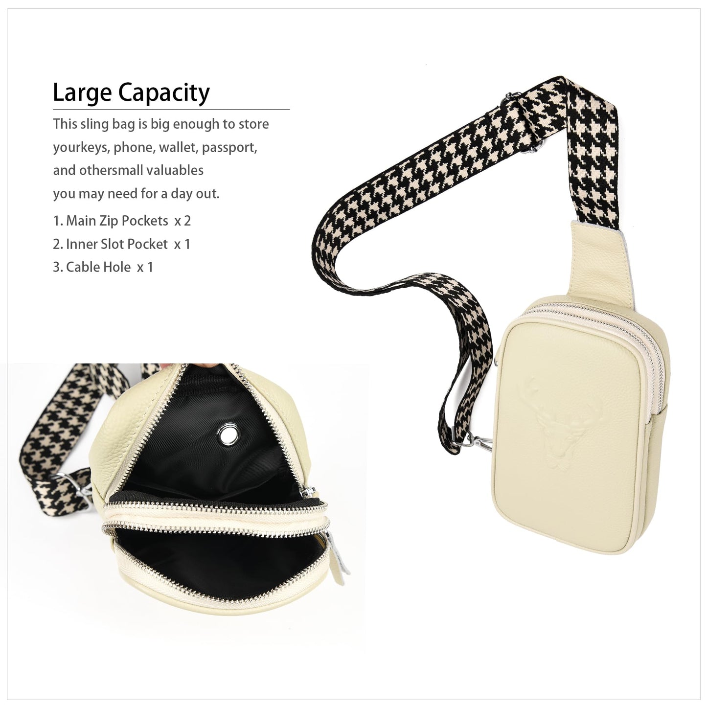 HUMEUHSU Beige Women's Chest Bag Small Shoulder Bag Sling Bag Leather Fanny Pack Wide Strap Women's Shoulder Bags Sweet and Stylish Relief Design for Outdoor Sports/Travel