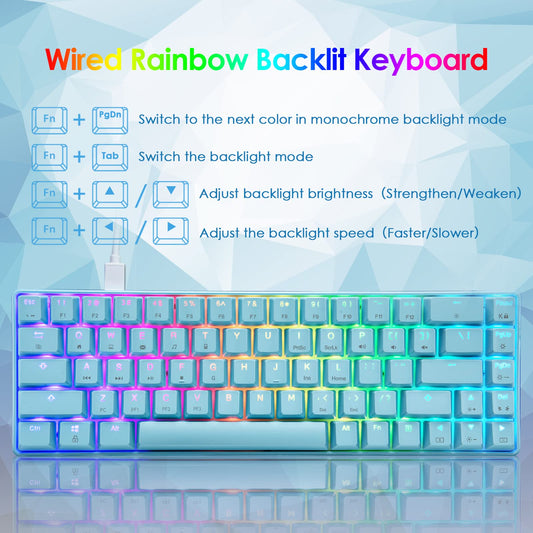 60% mechanical gaming keyboard, blue switch, mini-68 keys, wired, Type C, 18 backlight effects + lightweight optical RGB mouse with 6400 dpi, honeycomb mouse + large mousepad - Blue