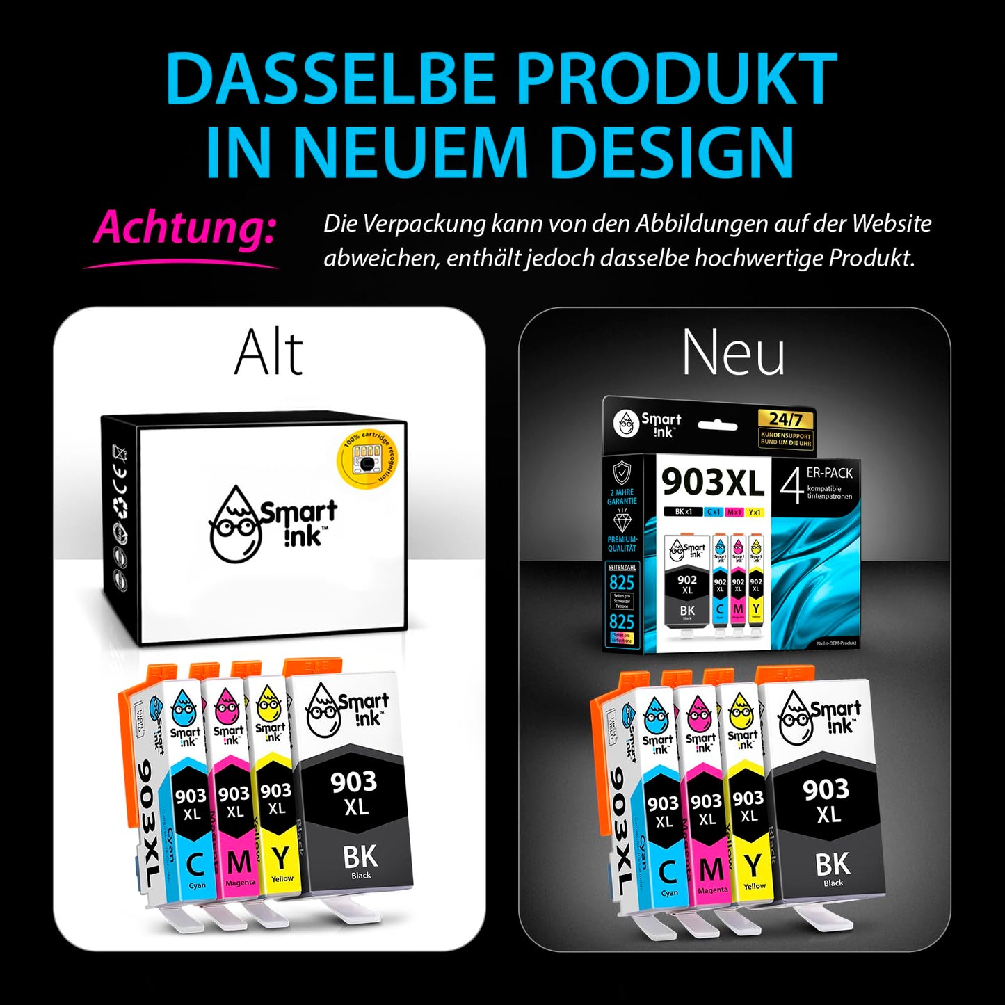 Smart Ink compatible printer cartridges as a replacement for HP 903 XL 903XL 4 Multipack (Black XL & Blue Red Yellow) with Advanced Chip Technology. Compatible with Officejet 6950 Officejet Pro 6960 6970 printers.