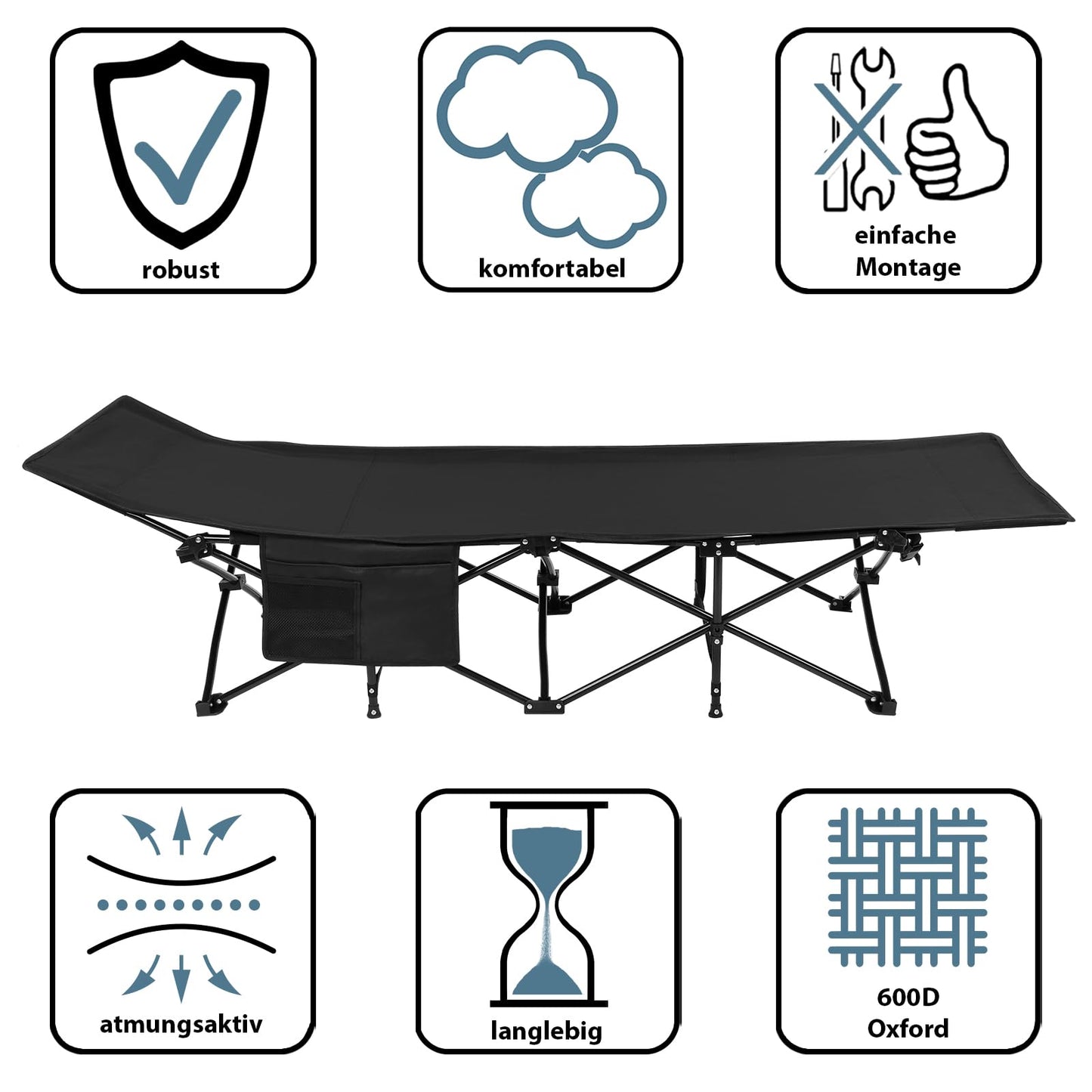 ALPIDEX camping bed cot up to 200 kg side pocket comfortable pad softly padded foldable collapsible guest bed lounger camping garden, color: Black.