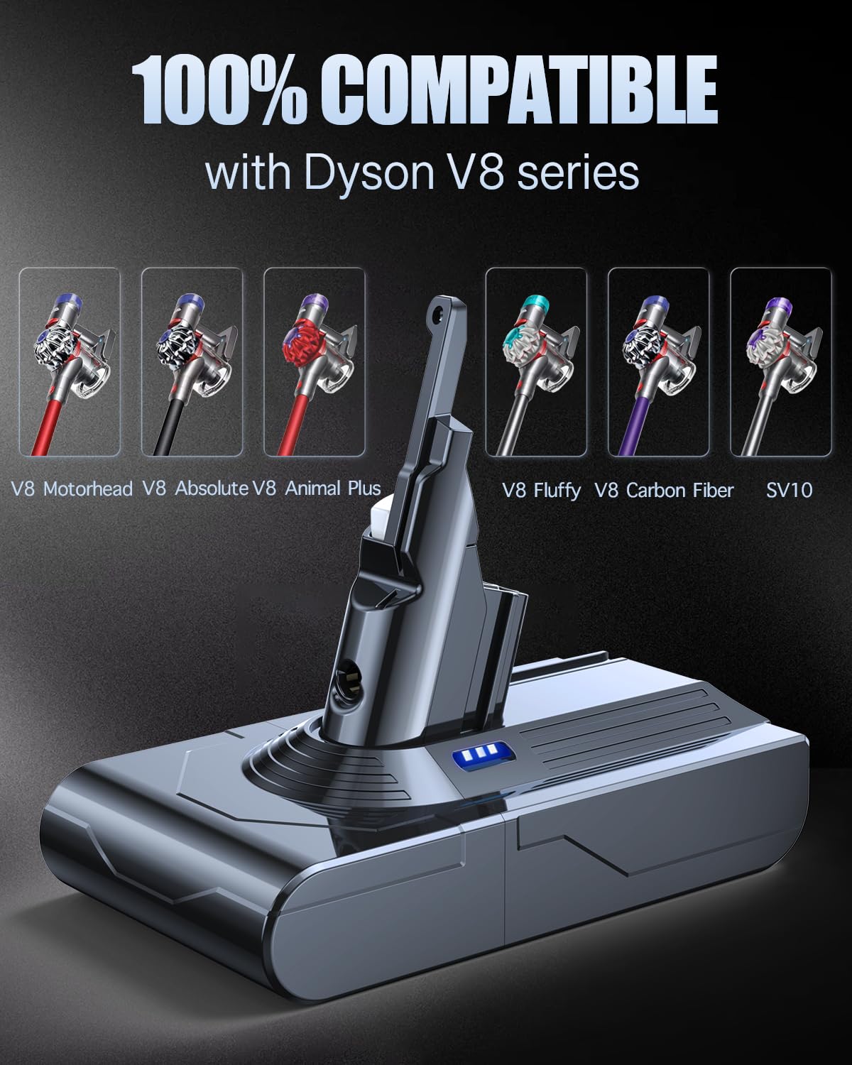 6000mAh battery compatible with Dyson V8 Absolute, Animal, Animal Exclusive, Fluffy, SV10