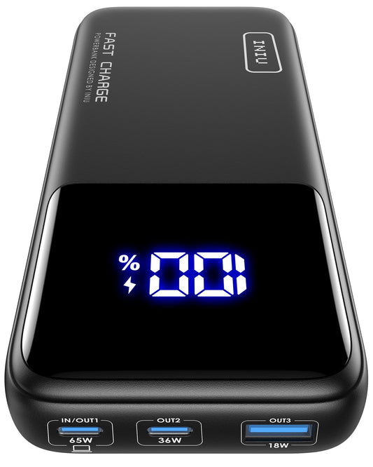 INIU Power Bank, 20000mAh 65W power bank small but powerful for phone & laptop, external portable chargers with USB C input & output, compatible with MacBook Pro, Surface Go, iPad, iPhone 17, 16, 15, 14 Pro Max, plus Steam Deck.
