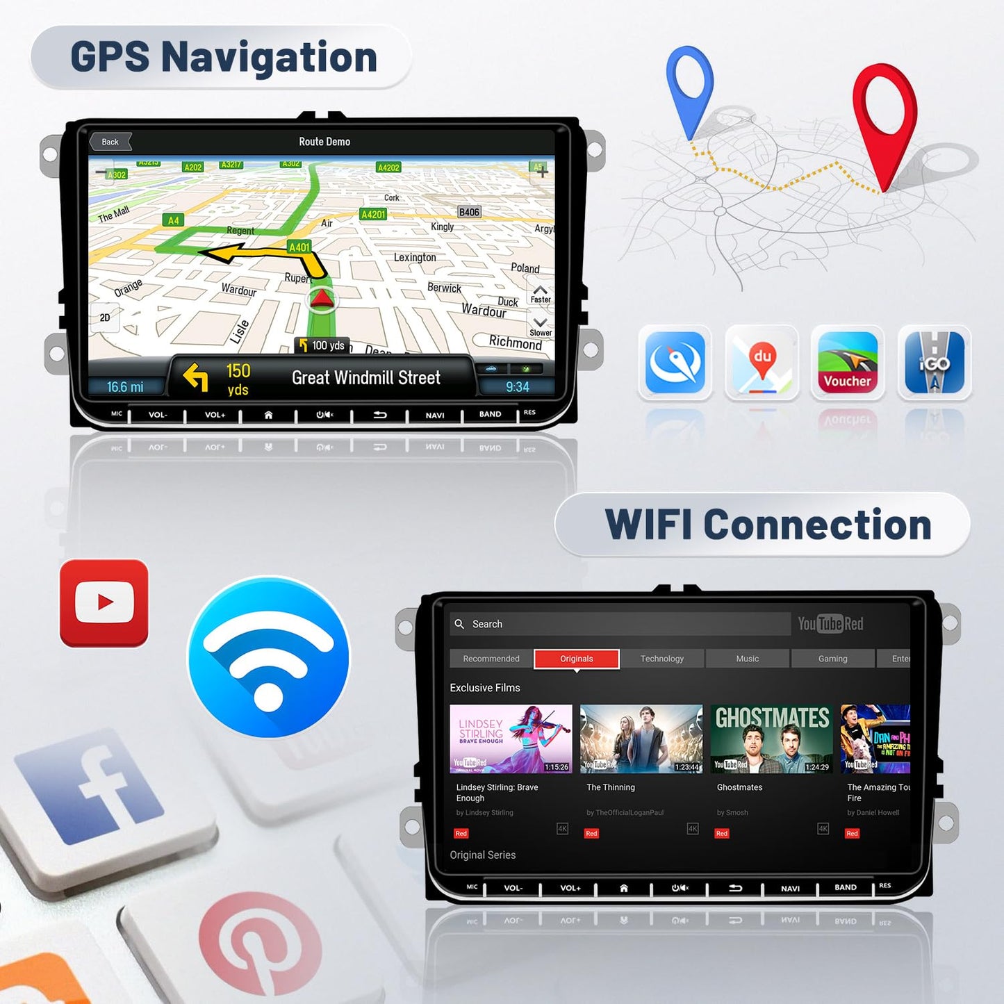2+64G Android car radio for VW Golf 5 Golf 6 Skoda Passat B6 Passat B7. 9-inch touch display car stereo with GPS, WiFi, mirror link, Bluetooth, rearview camera, and microphone.