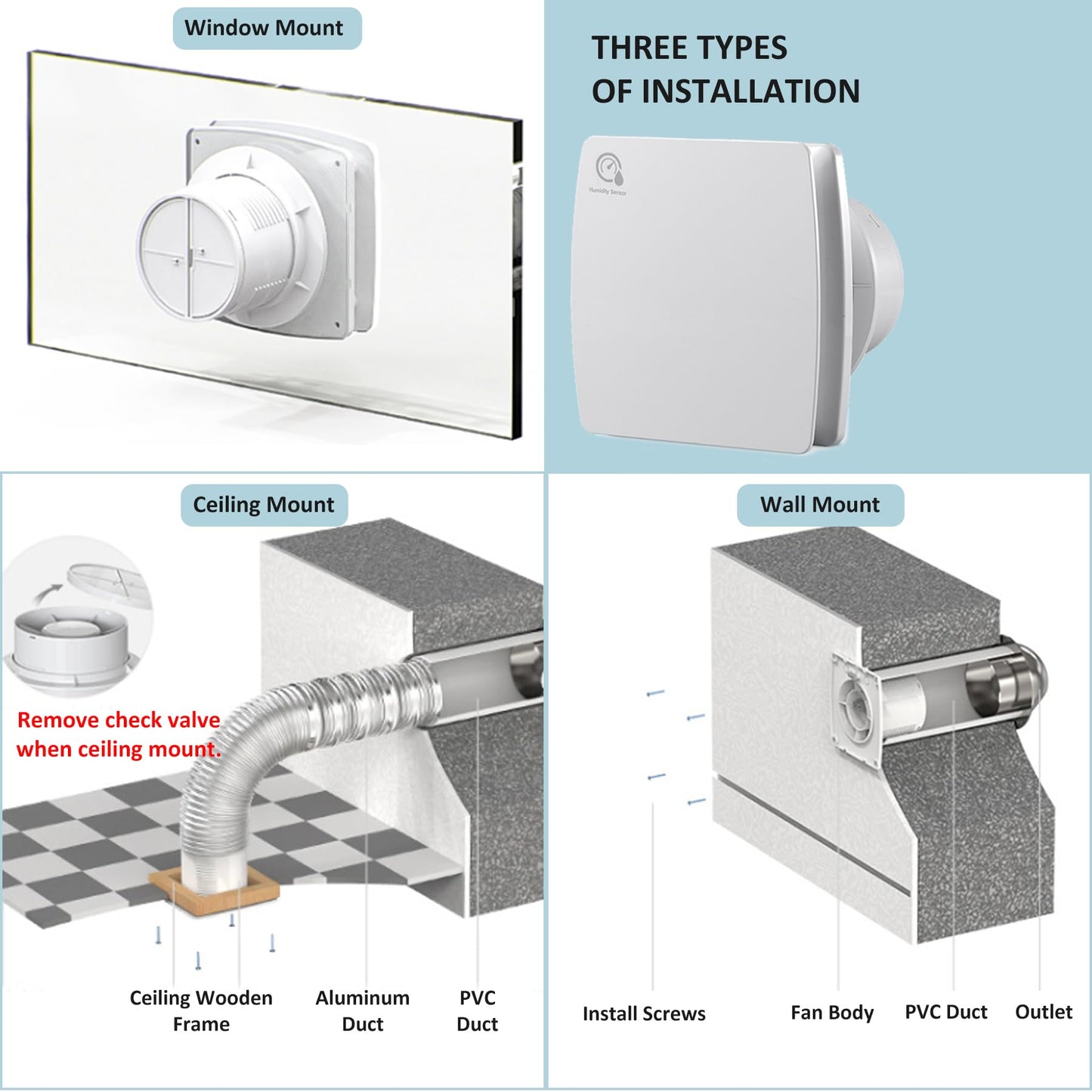 100mm Bathroom Exhaust Fan with Humidity Sensor, Quiet Window Ventilation Fan, Exhaust Wall Fan with Backdraft Damper, Window Mounting Ring, Temperature-Humidity Sensor for Kitchen and Bathroom.