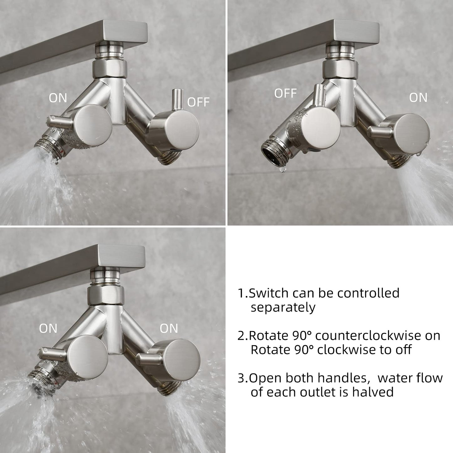 Tecmolog 2-Way Y Distributor 1/2 Inch Brass Adapter Diverter Valve Shower with Shut-off Valves, Brushed Nickel, DSF014ANA