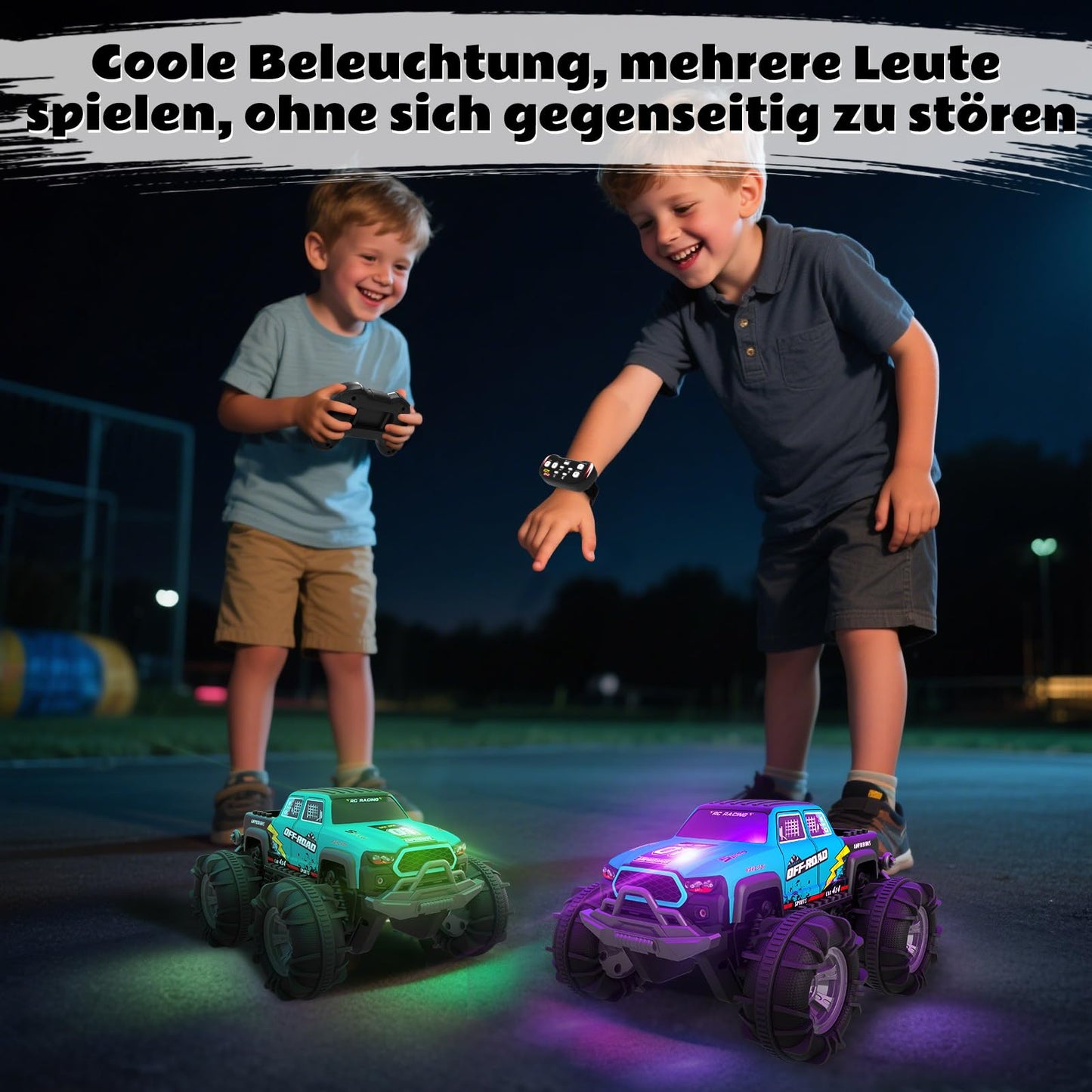 4WD Amphibious Remote Control Car, RC car waterproof with gesture sensor, LED light & 2 batteries, Gift for boys & girls 4-12 years old, Toy car for sand, water & terrain, Compatible with building blocks