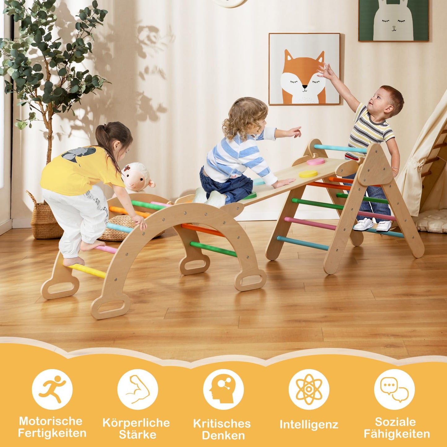 COSTWAY Climbing Triangle with Slide, Climbing Arch, including double-sided ramp, for climbing, sliding, and rocking, 4 in 1 indoor climbing frame for ages 1 and up (Multicolor)