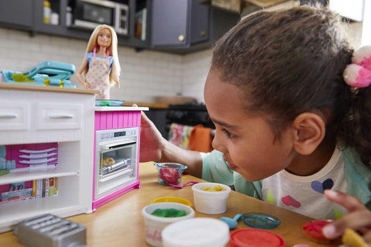 Barbie Ultimate Kitchen with 20 accessories, cooking and baking with light and sound effects, 5 dough colors, includes doll, perfect gift for kids, toy for ages 3 and up, GWY53.