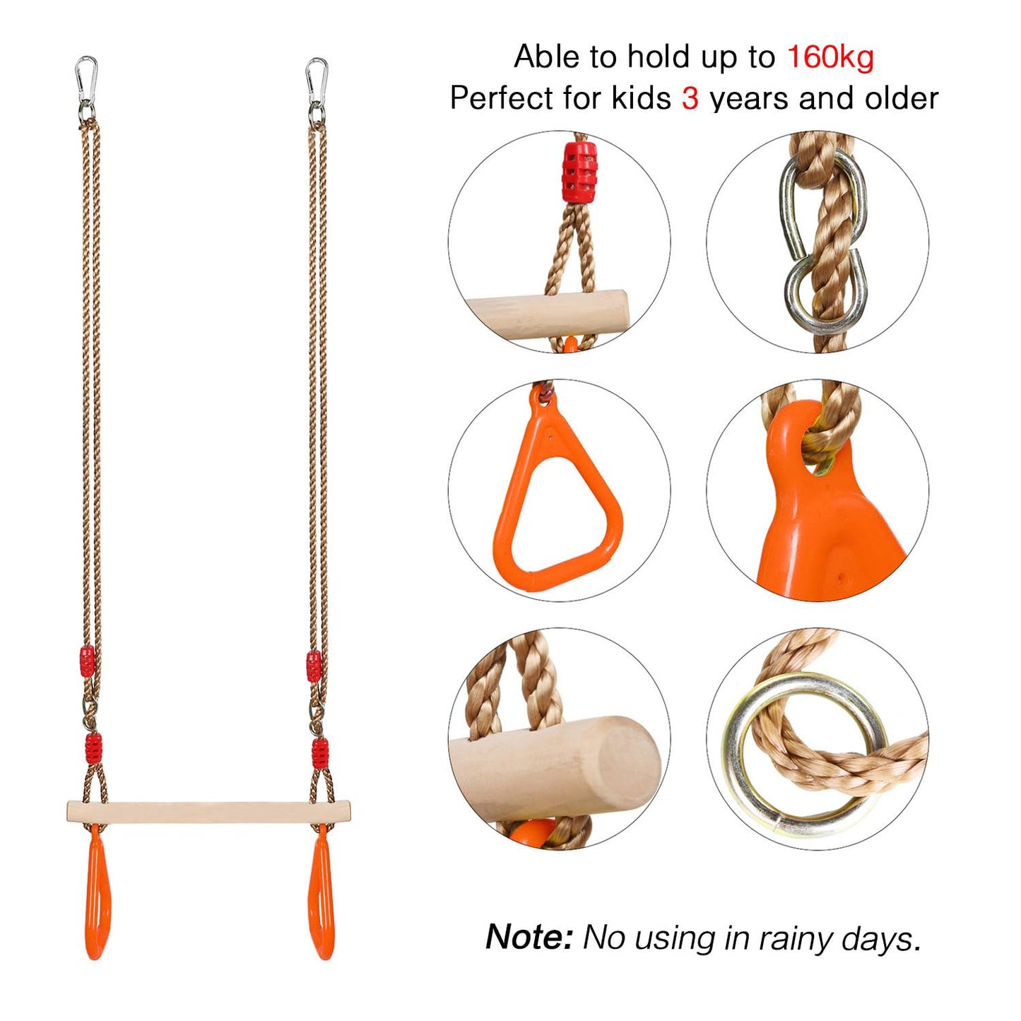 PELLOR Multifunctional Kids Wooden Trapeze Swing with Plastic Gym Rings, supports up to 160KG.