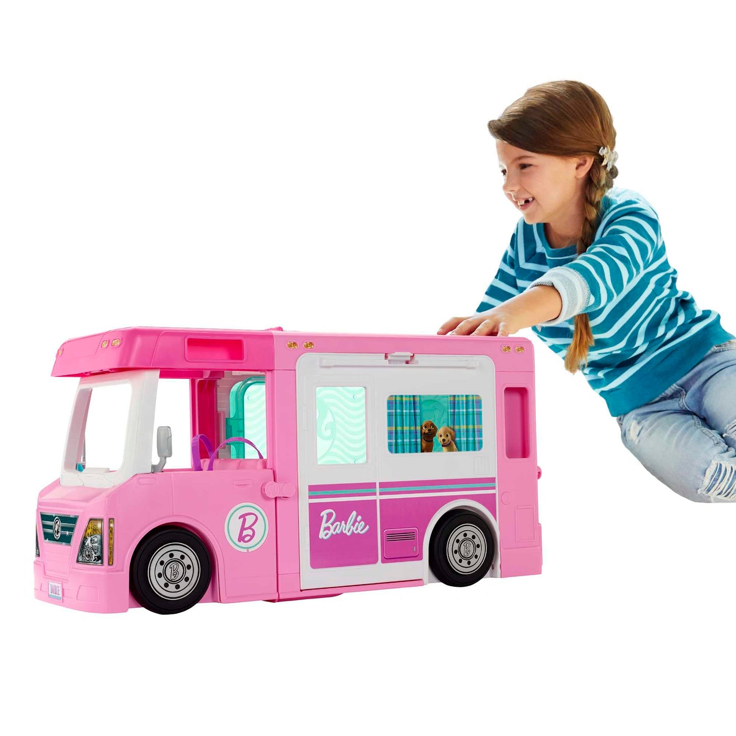 Barbie 3-in-1 Super Adventure Camper with accessories, pool, convertible truck, boat, 60 camping accessories, doll, suitable as a gift for children 3 years and older, GHL93.