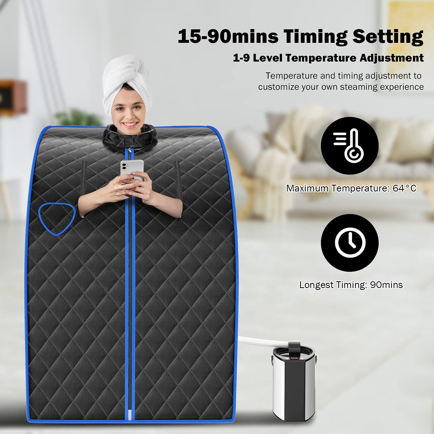 COSTWAY 3L Mini Steam Sauna with Spray Function, Home Sauna with Remote Control, Heat Cabin with Adjustable Timer & Temperature, Seat Sauna including Accessories, Sauna Cabin 78 x 87 x 101 cm (Black)