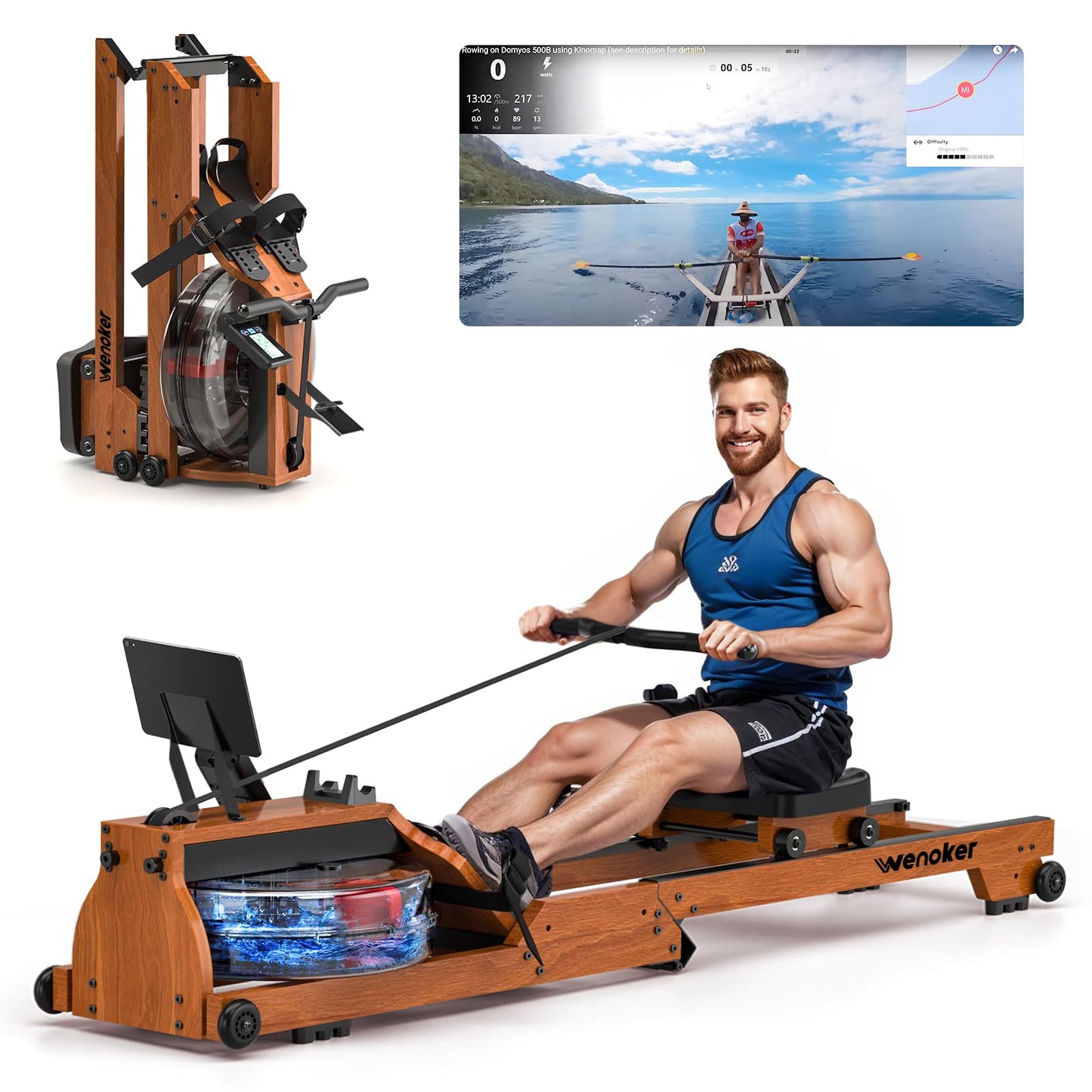 Wenoker Home Water Rowing Machine made of solid wood, foldable rowing machine with Bluetooth display, high-quality wood construction, double slide rails, max weight capacity of 150kg.