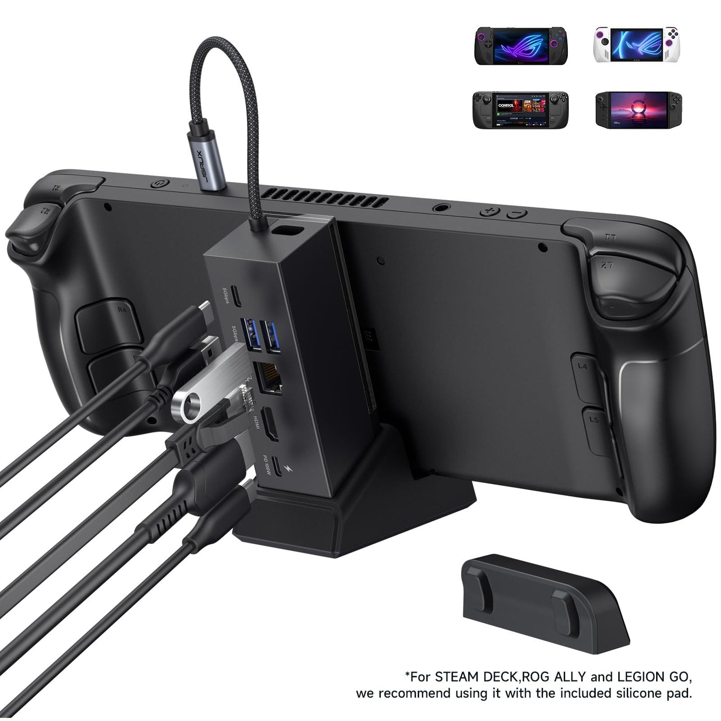 JSAUX 6-in-1 Docking Station Compatible with ROG Ally X/ROG Ally/Steam Deck/Legion Go/Legion Go S, with HDMI 4K@120Hz, Gigabit Ethernet, USB A & USB C 3.0, and 100W PD Charging - HB0609 Black