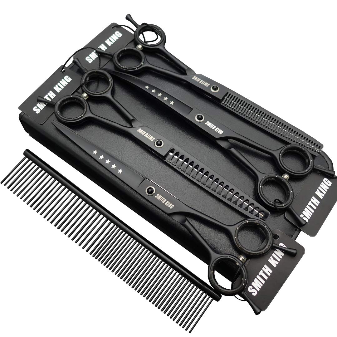 7.0 inch Professional Dog Grooming Scissors Set Straight & Thinning & Curved & Chunker & Comb 5 pieces in 1 set for left-handed & right-handed black