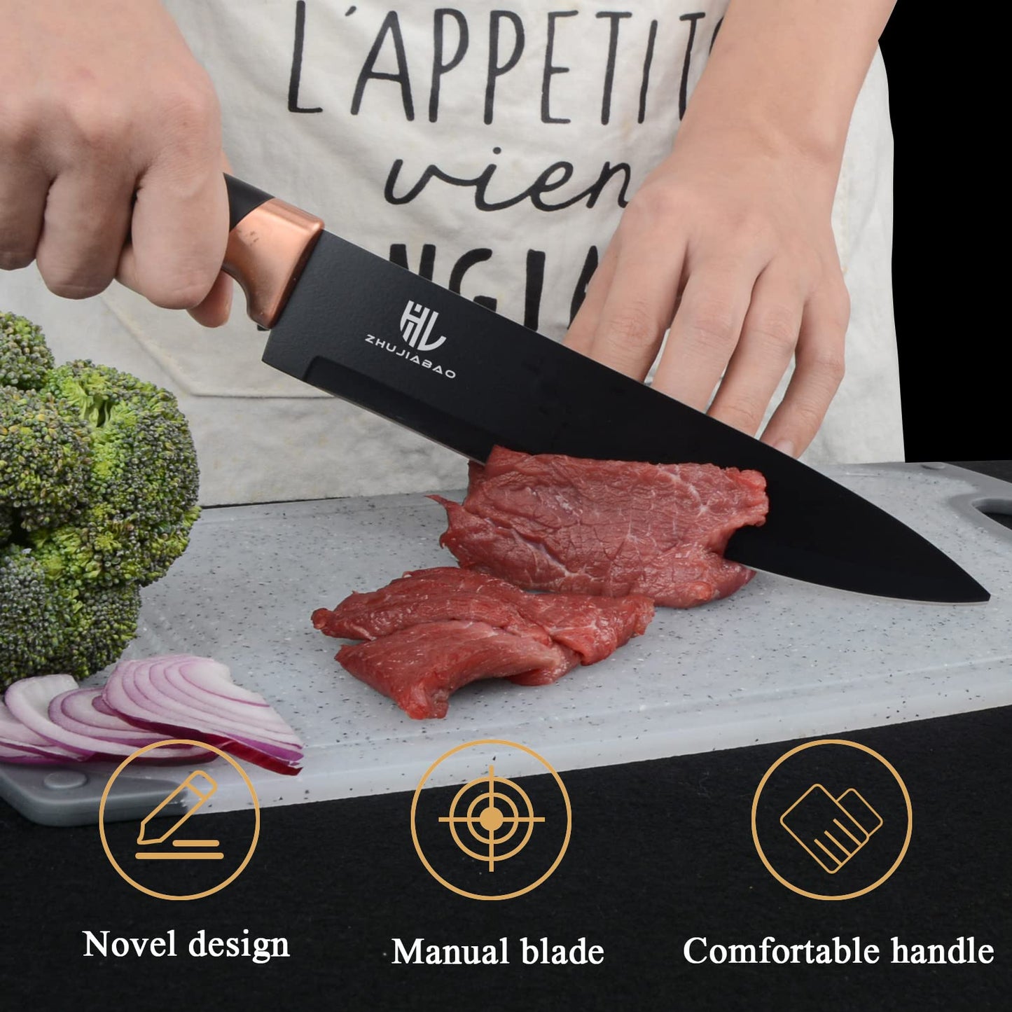 HL zhujiabao Black Kitchen Knife Block Set with Acrylic Stand 6PCS Professional Stainless Steel Chef Knife Set with Non-stick Coating and ultra-sharp Knife Block Set as a gift for men and women
