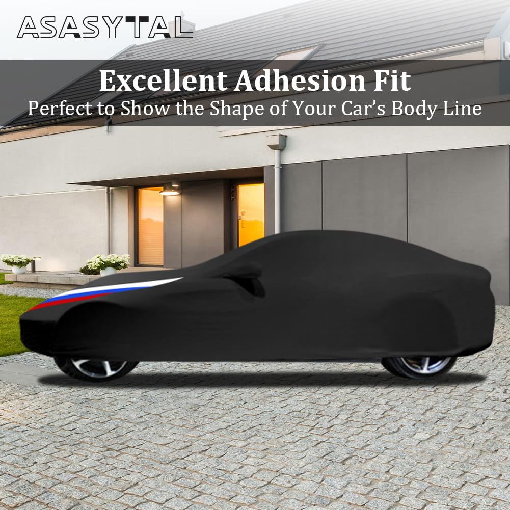 Asasytal indoor car cover, full protection for sports cars, elastic fabric, dustproof and breathable for underground garage, car exhibition/show, 4.5~4.85 meters, black with pattern.