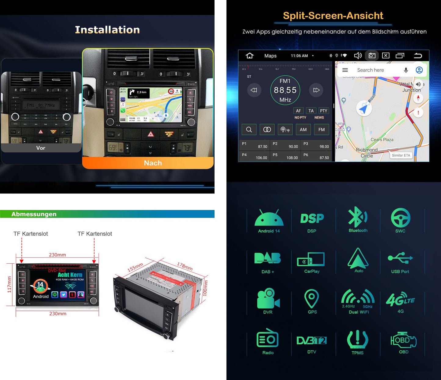 7" Android 14 car radio for VW Touareg T5 Multivan GPS Navigation Carplay Android Auto DSP Bluetooth 5.0 A2DP WiFi 4G Dab+ OBD2 TPMS DVD Touchscreen Octa Core 4GB RAM + 64GB ROM