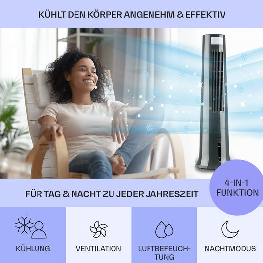 Klarstein portable air conditioner without exhaust hose, 4-in-1 air cooler, quiet fan, humidifier & night mode, mobile air cooler with water cooling, 40 watt, airflow 530m³/h, silver grey.