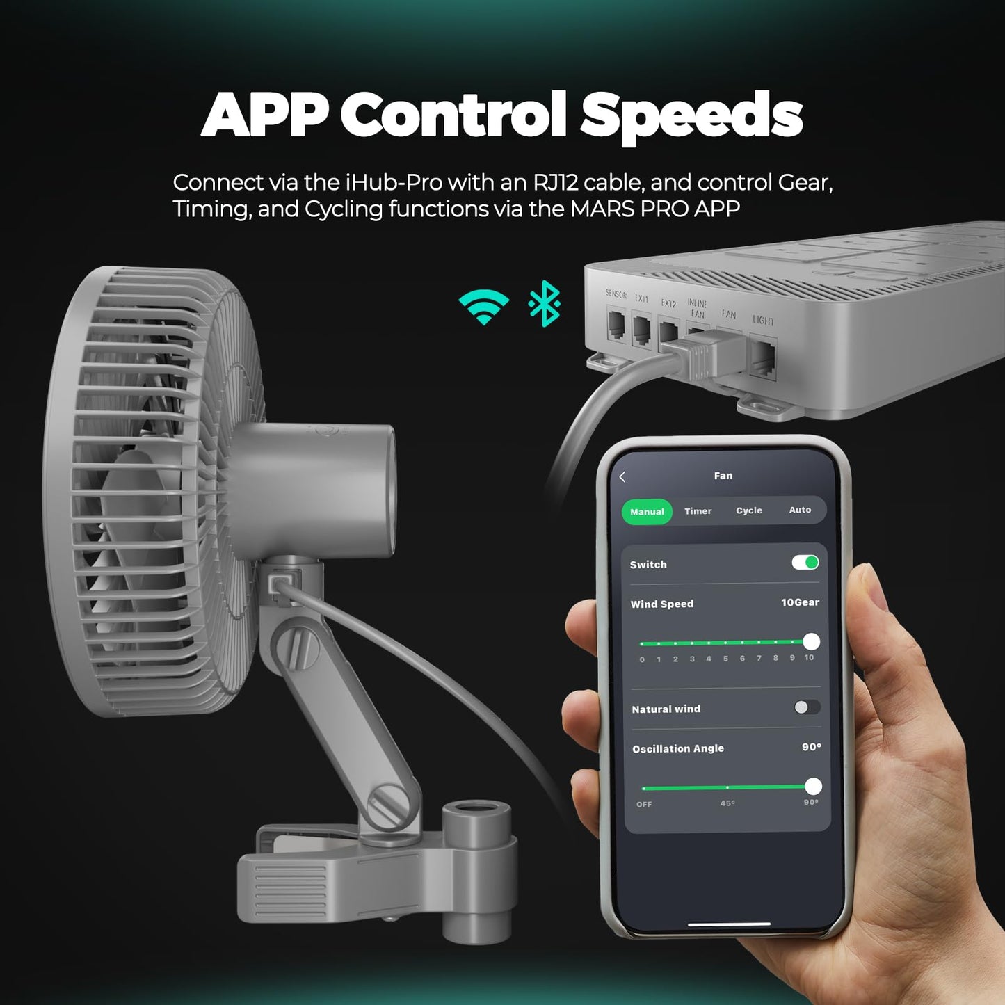 MARS HYDRO Upgrade M6 Clip Fan, oscillating and quiet, perfect for grow tents. 10 speed settings, app/WiFi controlled. Perfect for small spaces.