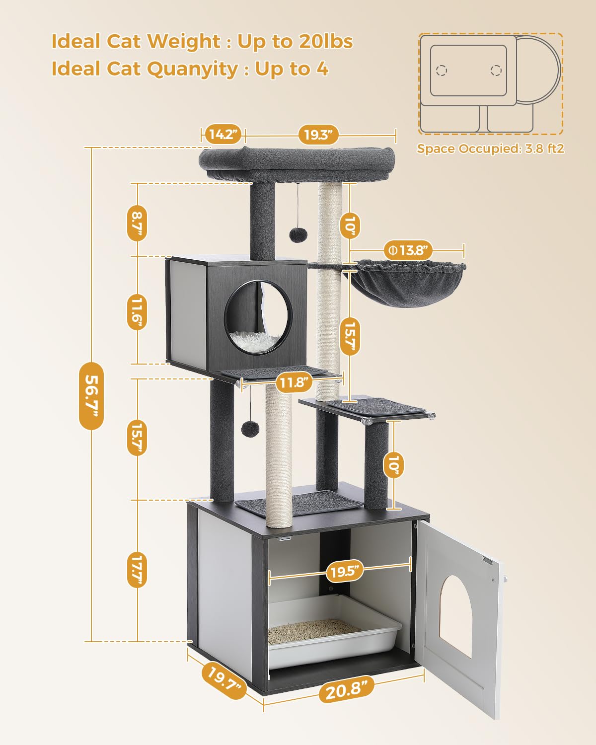 PAWZ Road Modern Cat Tree Wood Cat Tower with Storage Cabinet Cat Litter Enclosure and spacious Cat House Large top perch and hammock Black