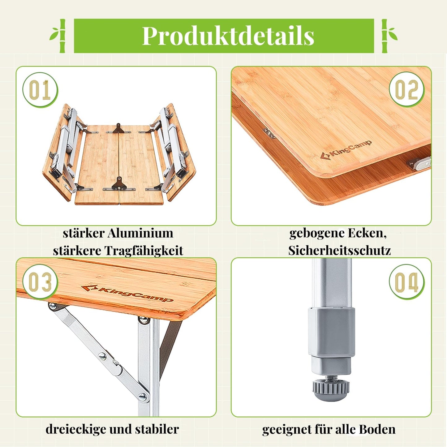 KingCamp camping table bamboo folding table adjustable height for 4-6 people foldable camping table, 4 folds with carrying bag, supports up to 80 kg, 100 x 65 cm, L