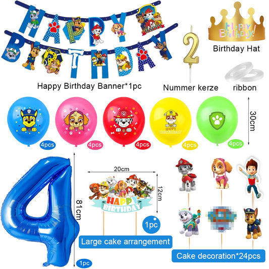 Patrol birthday decor for 4 years, Paw balloon for kids birthday party boys girls, Cartoon Dog Balloon Set, Dog Patrol Blue Balloon for 4th birthday, Cake topper for 4th birthday kids party decorations.