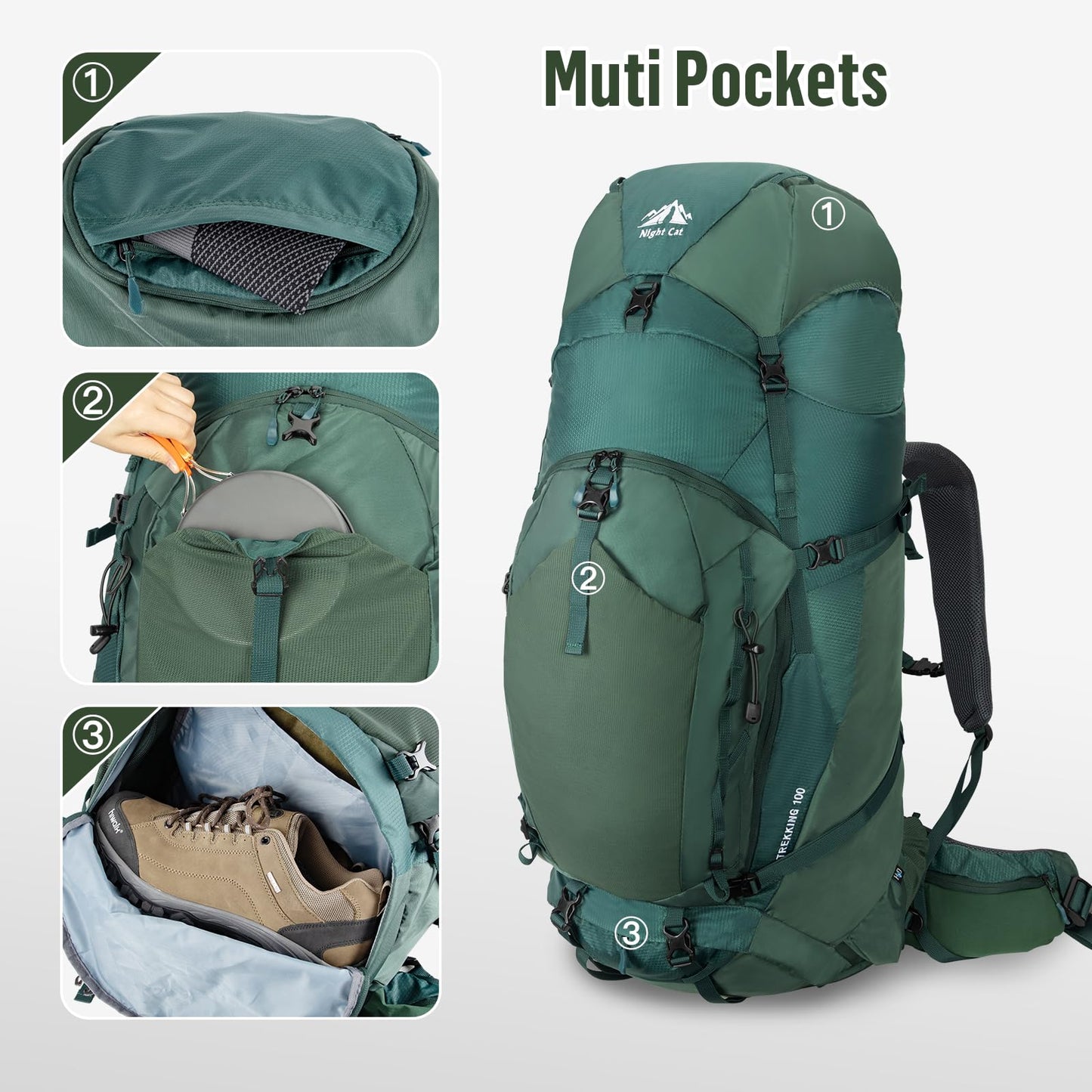 Night Cat Backpack 100L: Trekking Backpack Travel Backpack Men Women Breathable Lightweight for Camping Trekking Mountaineering Climbing Bike Travel.