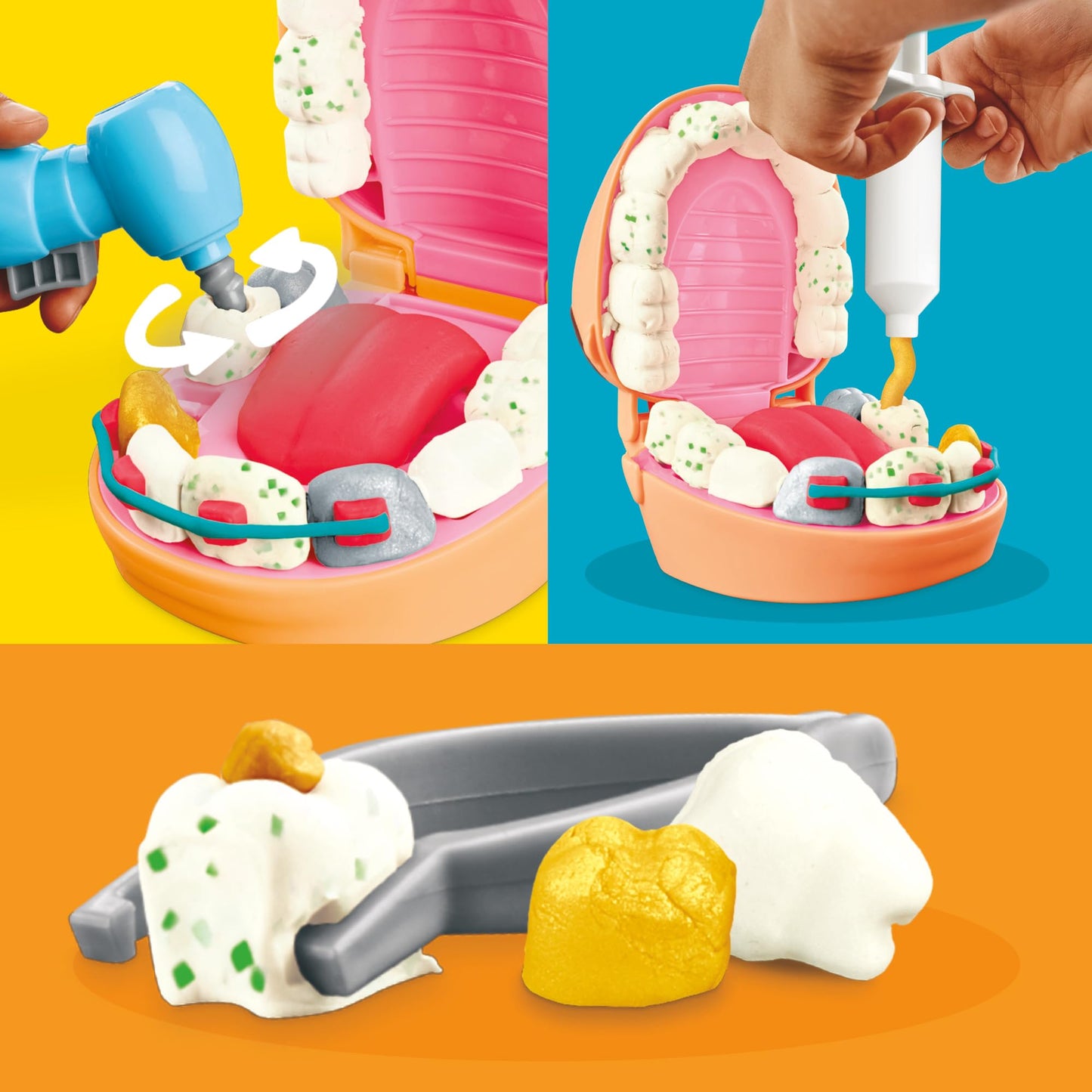 Play-Doh Dentist Dr. Wackelzahn Craft Set with 8 x 56g Tubs and 10 tools for shaping, with cavity clay and metallic clay, creative fun for kids.