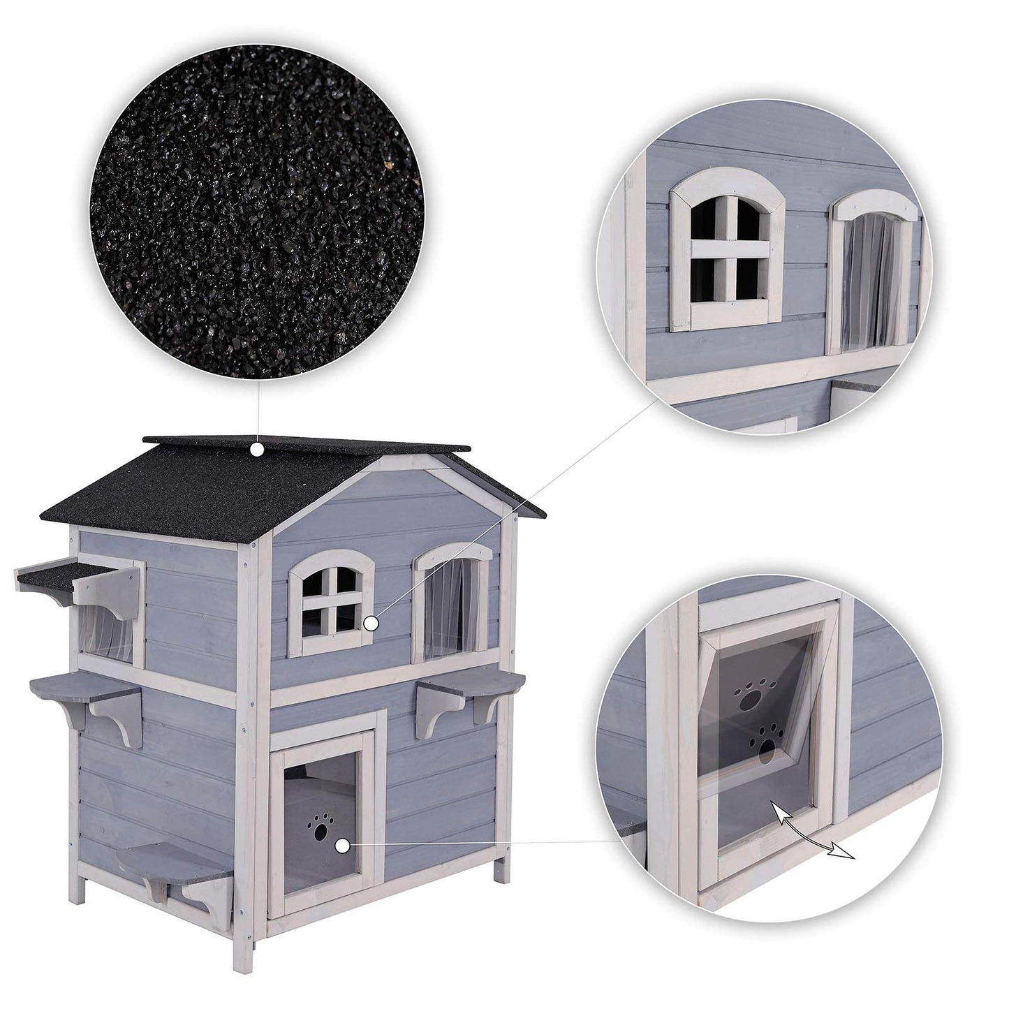 Lionto cat villa made of fir wood with bitumen roof for indoor and outdoor use, two-story cat house with steps, 80x55x90 cm, slatted curtain and windows, suitable for large cats, gray/white.