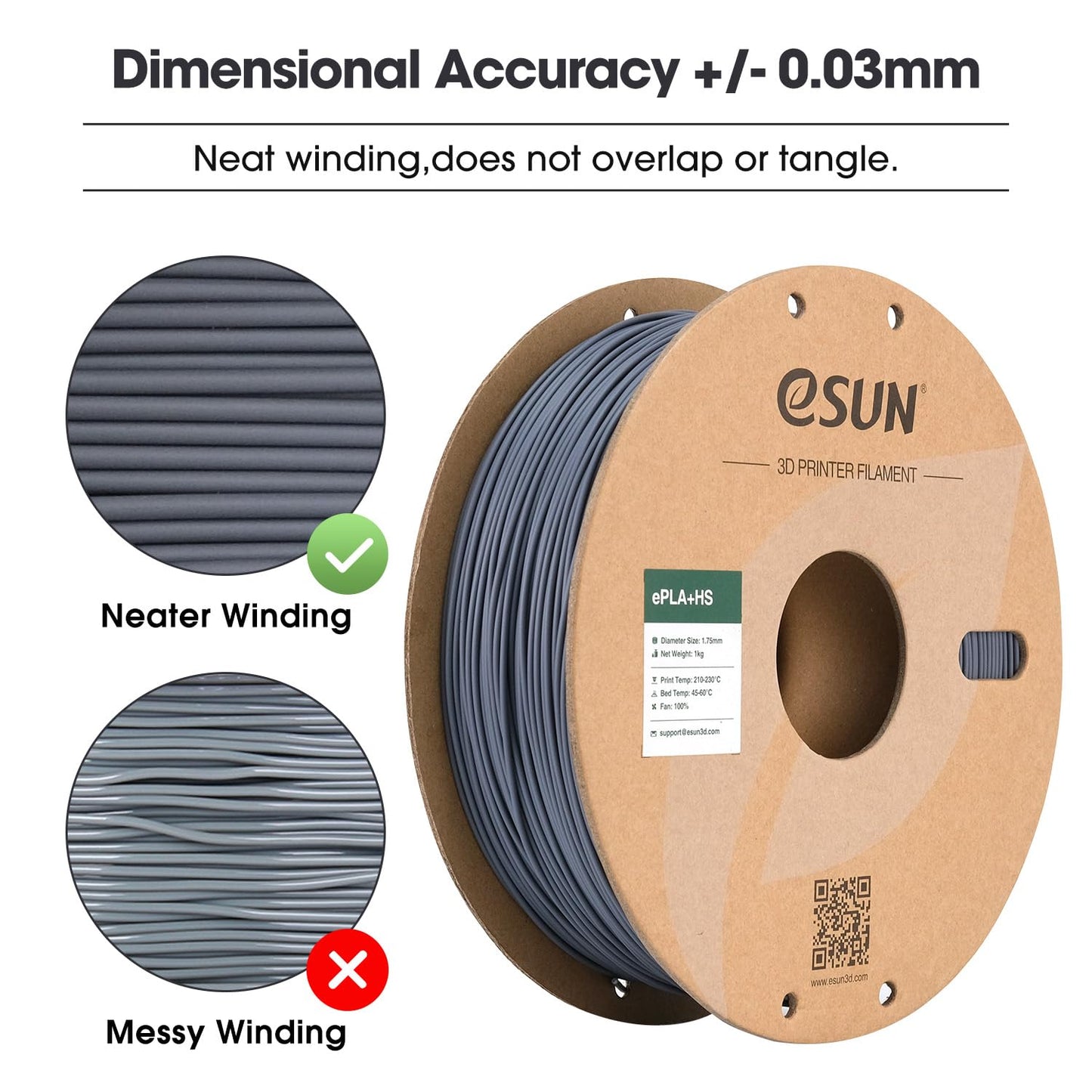 eSUN PLA+ Filament 1.75mm, PLA+HS High Speed 3D Printer Filament Accuracy +/- 0.03mm, 1KG Spool (2.2 LBS) Speedy PLA Plus Filament for High Speed Printers, Grey