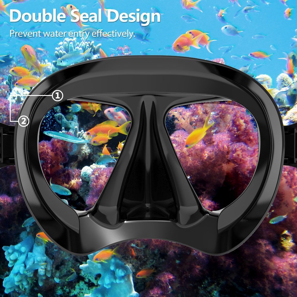 Adult diving mask with anti-fog snorkel mask, tempered glass swim mask and nose cover for snorkeling and swimming (A-Blue)