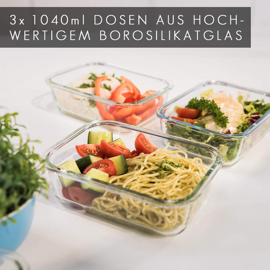 GLASWERK Meal Prep Boxes (3x 1040 ml) with one compartment, glass containers with lids, food storage containers with lids, freezer containers set, glass food storage containers, glass casserole dish with lid.