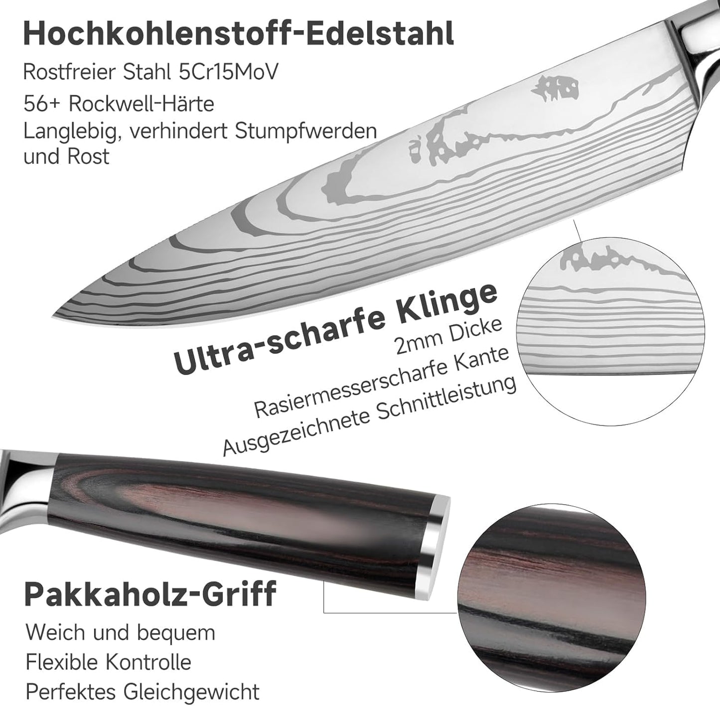 Gustrug knife set kitchen knife set 3 pieces with ergonomic handle, sharp knife set made of high-quality carbon stainless steel with chef's knife, Santoku knife, utility knife.