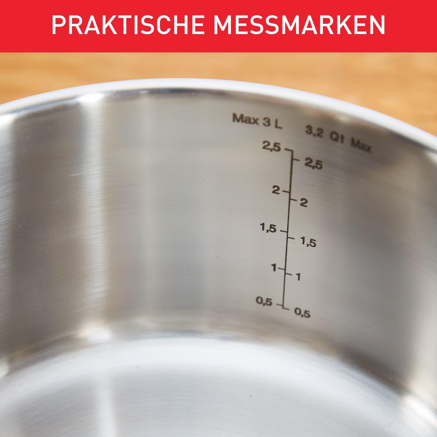 Tefal Duetto pot A70542 | 16 cm | Induction compatible | Easy to clean | Measuring scale | Glass lid for pouring off | Stainless steel