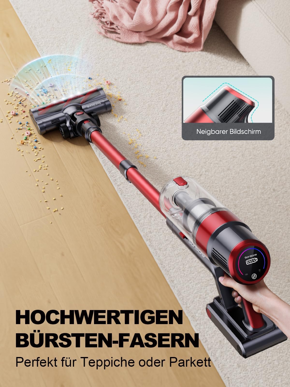 SunSare Cordless Vacuum Cleaner 450W/40000Pa, cordless vacuum with LED display Lightweight Anti-winding, powerful cordless vacuum for floors/carpets/pet hair