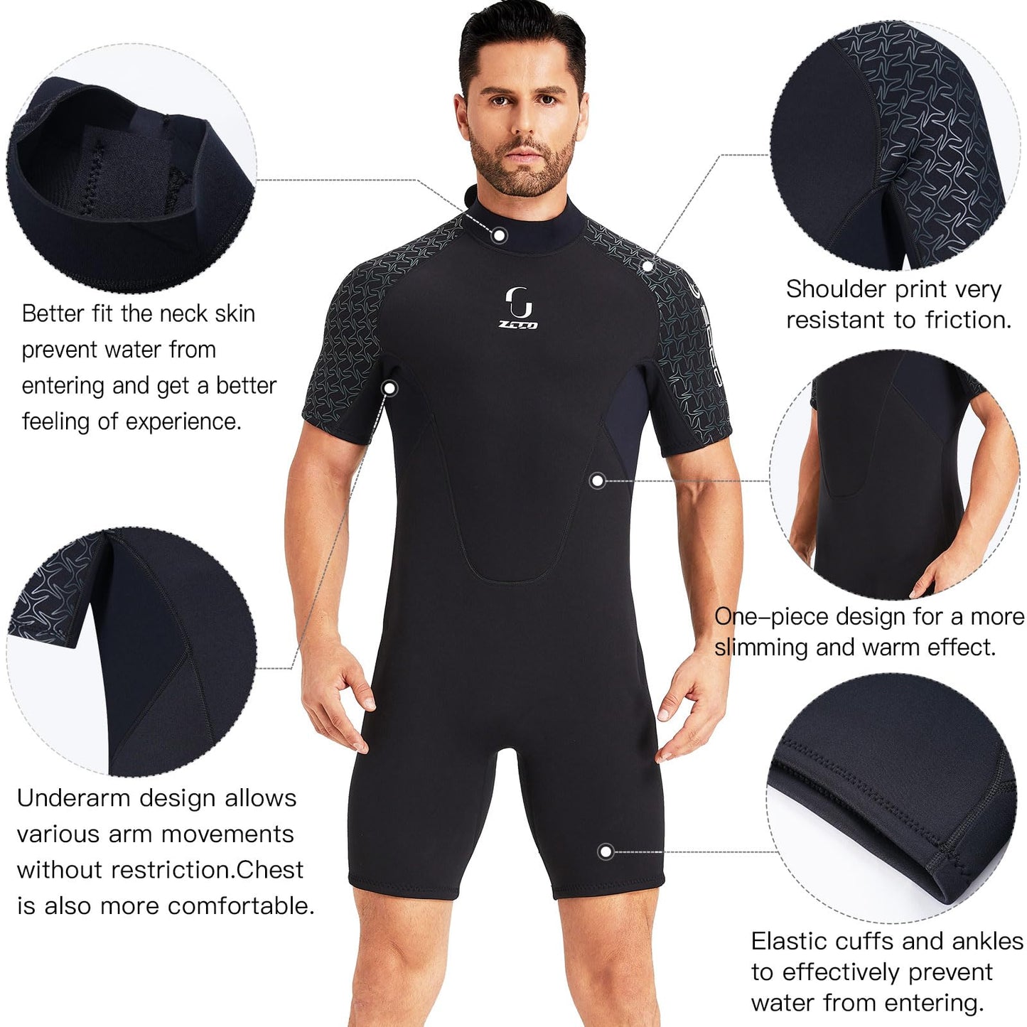 Women's Back Zip Shorty Wetsuit Men's 3mm Neoprene Short Sleeve for Surfing Swimming Kayaking Snorkeling Canoeing Diving (Men's Black, 4XL)
