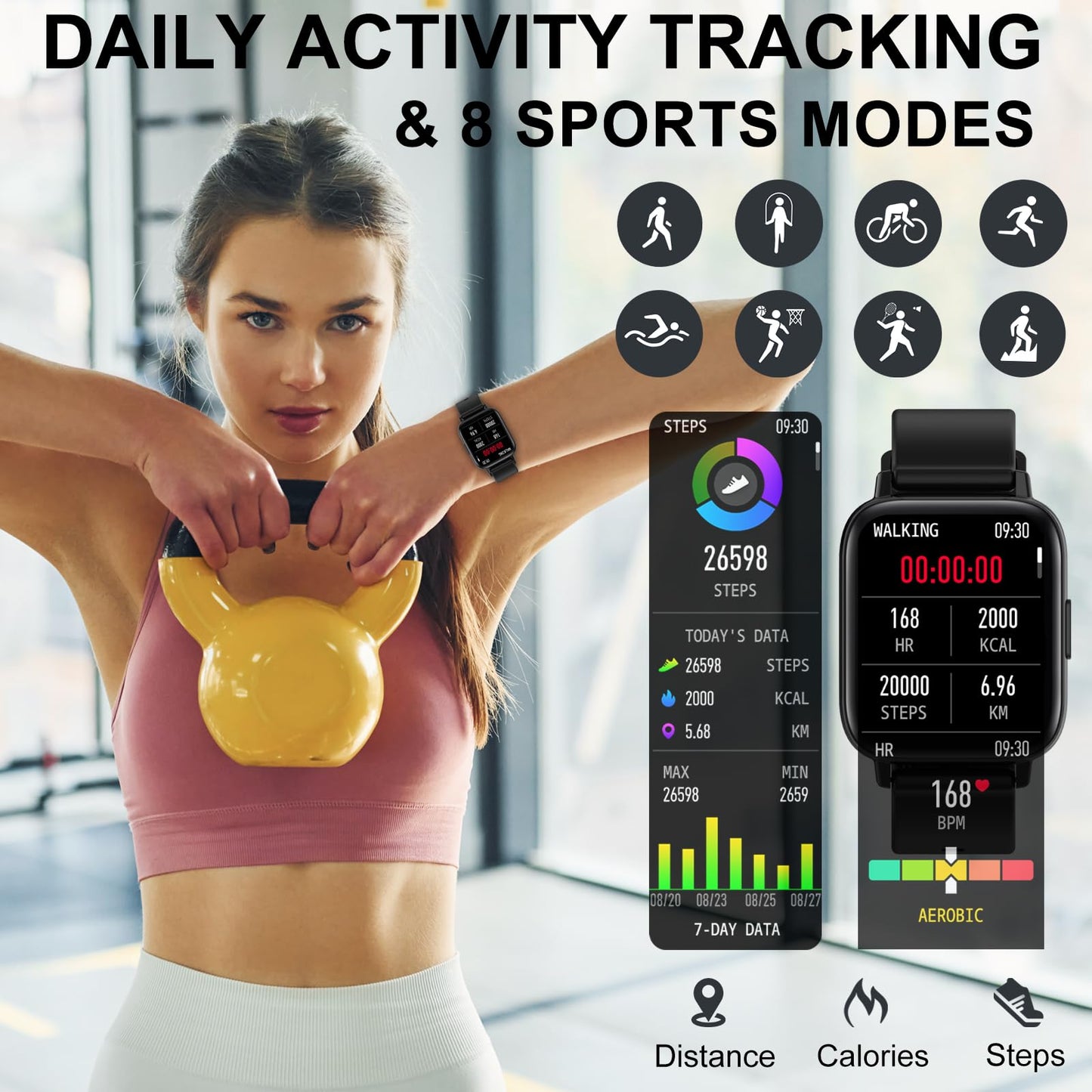Erkwei smartwatch for women with bluetooth calls 1.69 inch fitness watch women heart rate monitor sleep monitor pedometer SpO2 fitness tracker pedometer calories music control