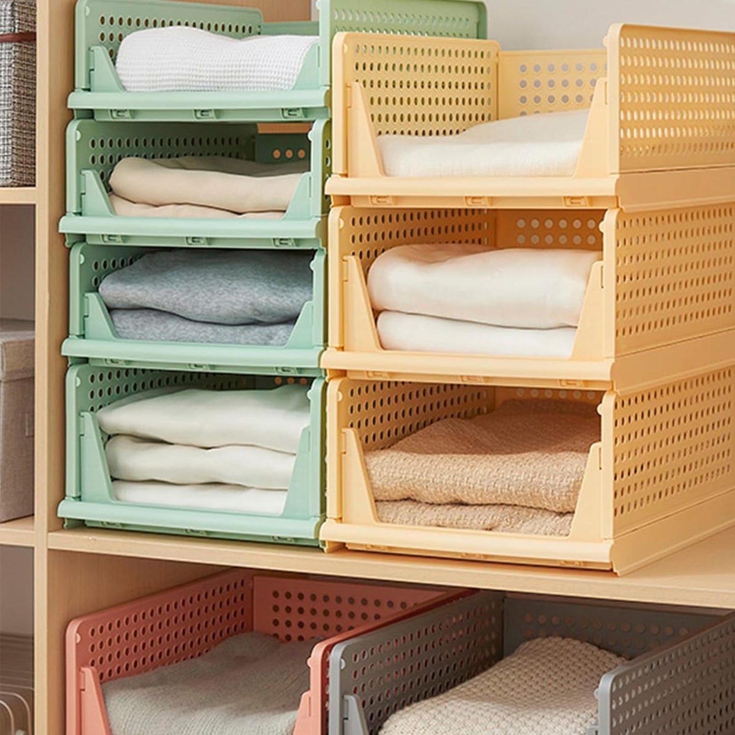RMAN 4-Piece Wardrobe Organizer Drawer Box Stackable Closet Shelf Storage Box Plastic Storage Bins Divider Drawer for Clothes, Kitchen, Bedroom