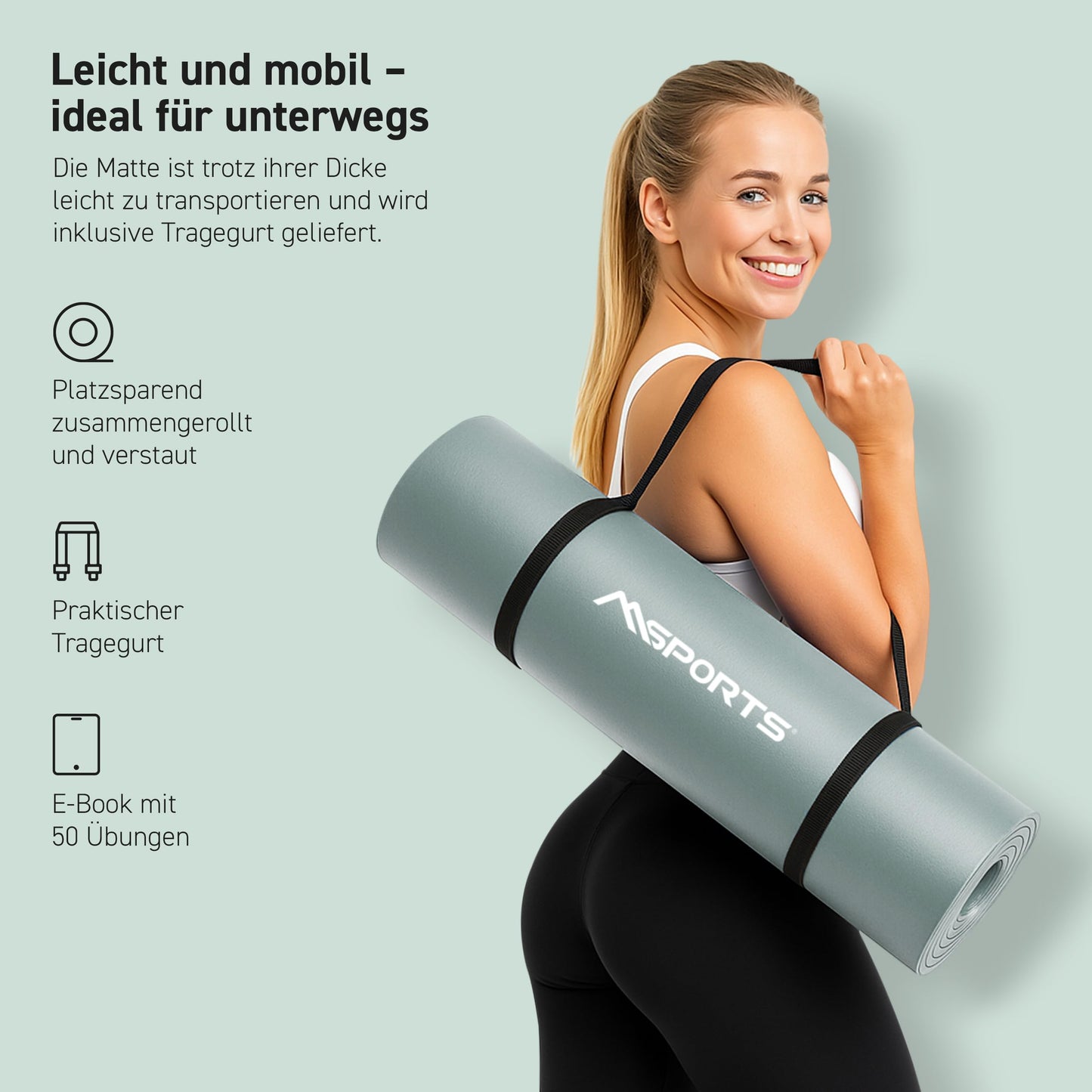 MSPORTS Gymnastics Mat Premium including carrying strap + exercise poster + workout app I Skin-friendly fitness mat 190 x 60 x 1.5 cm - Stone Gray - Phthalate-free yoga mat