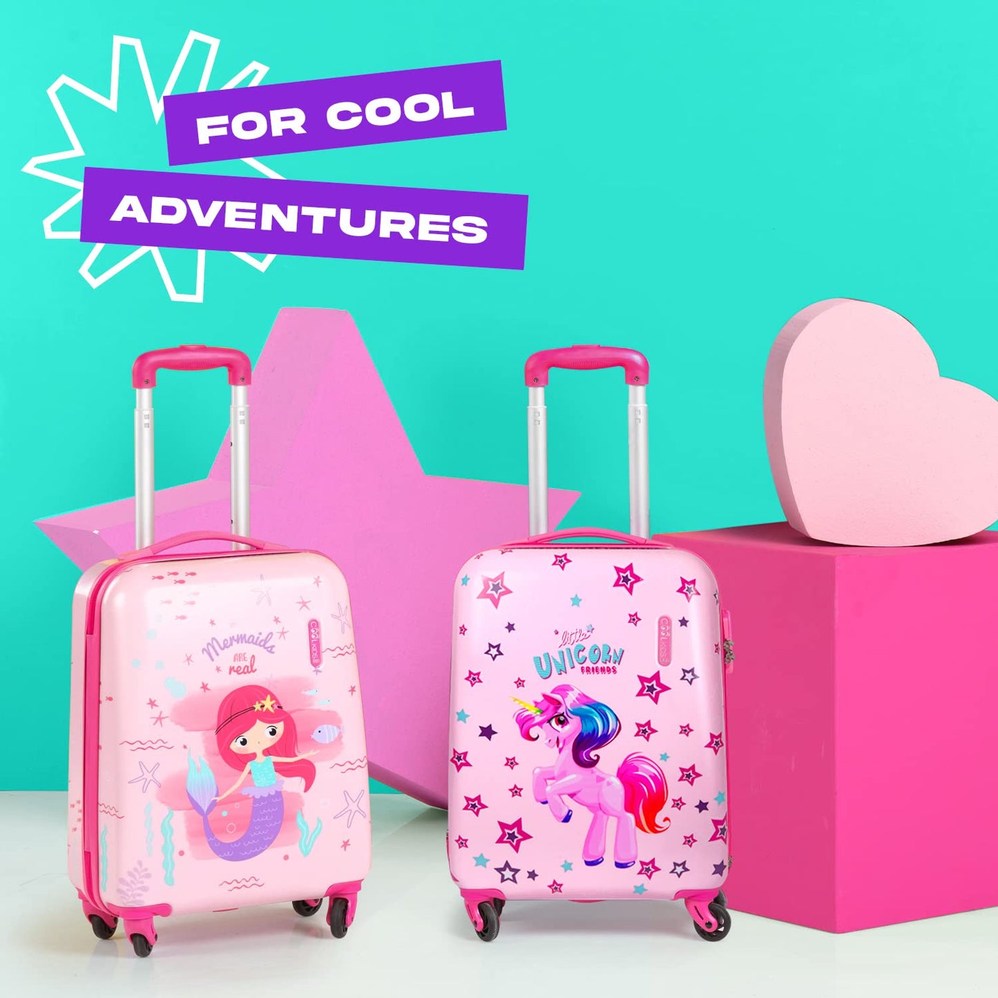 PERLETTI Unicorn Kids Suitcase Pink - Kids Trolley Carry-On Lightweight 4 Wheels and Combination Lock - Hard Shell Cabin Trolley for Girls - Travel Luggage Lufthansa Ryanair 51x35x20 cm (Unicorn Pink, XS)