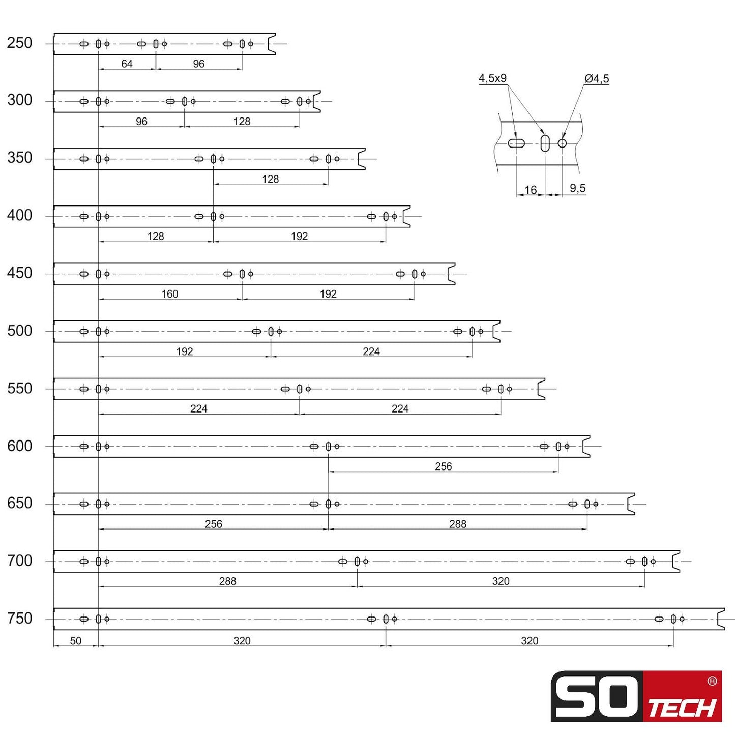 SOTECH 4 pairs (8 pieces) full extension slides KV1-45-H45-L450-NF 450mm (retracted) drawer slides ball bearing load capacity 45 kg