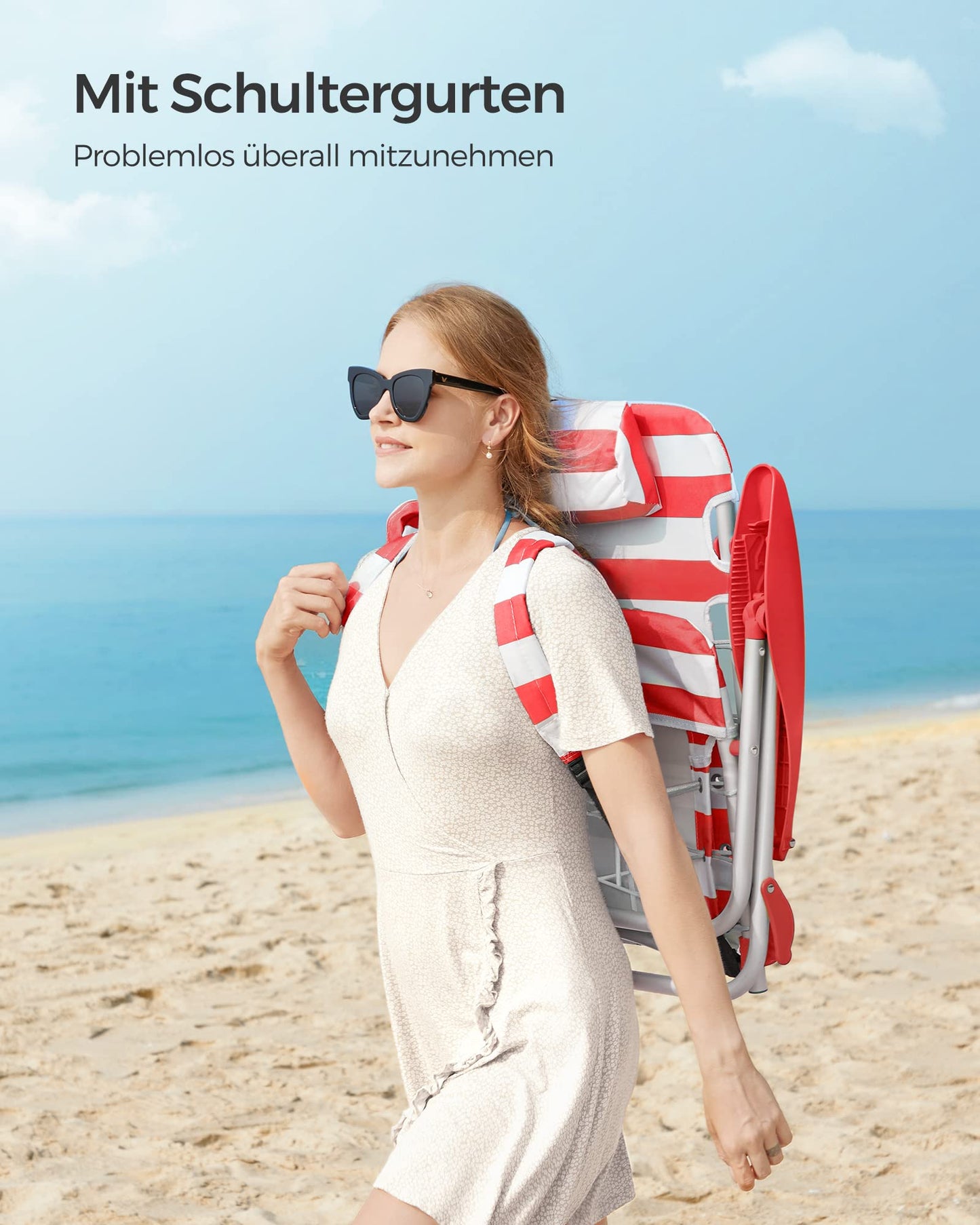 SONGMICS beach chair, camping chair, foldable, with shoulder strap, adjustable backrest, headrest, armrest, 2 side pockets, red and white GCB062R01